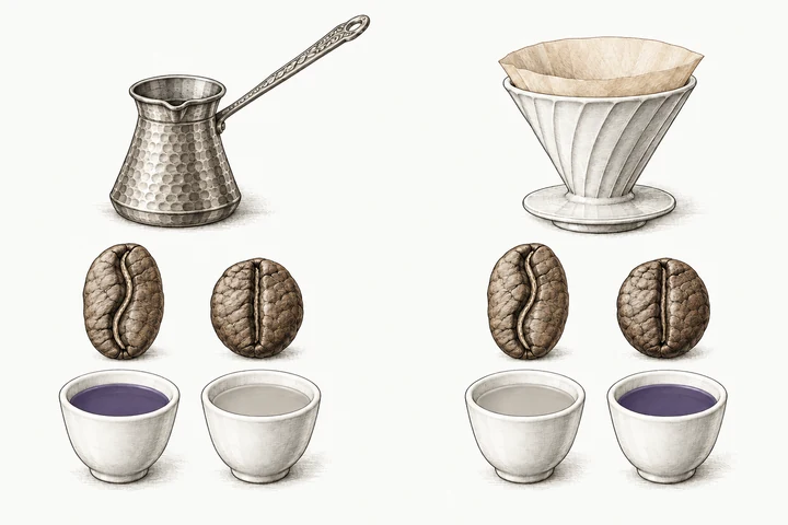 左のトルコ式ではアラビカの杯が濃く、右のフィルター式ではロブスタの杯が濃い。淹れ方で苦い方が入れ替わる関係を示した図。