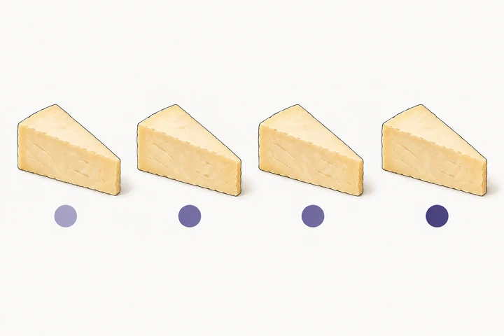 見た目の同じチーズの切れが四つ。下の紫の印は、左がいちばん淡く、真ん中の二つが同じ中間の濃さ、右がいちばん濃い。