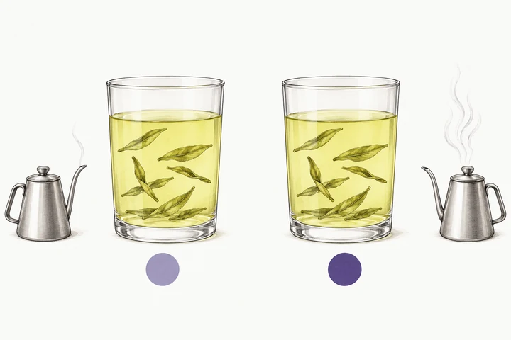 ガラスのコップに同じ龍井茶が二つ。左のやかんは湯気が少なく、右は多い。下の紫の印は左が淡く右が濃い。
